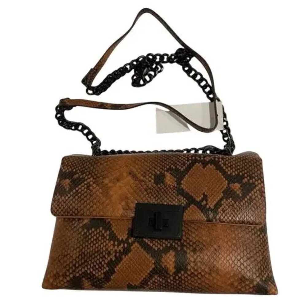 Nicole Miller New York Brown Faux Snakeskin Black Metal Chain Hardware NWT!
